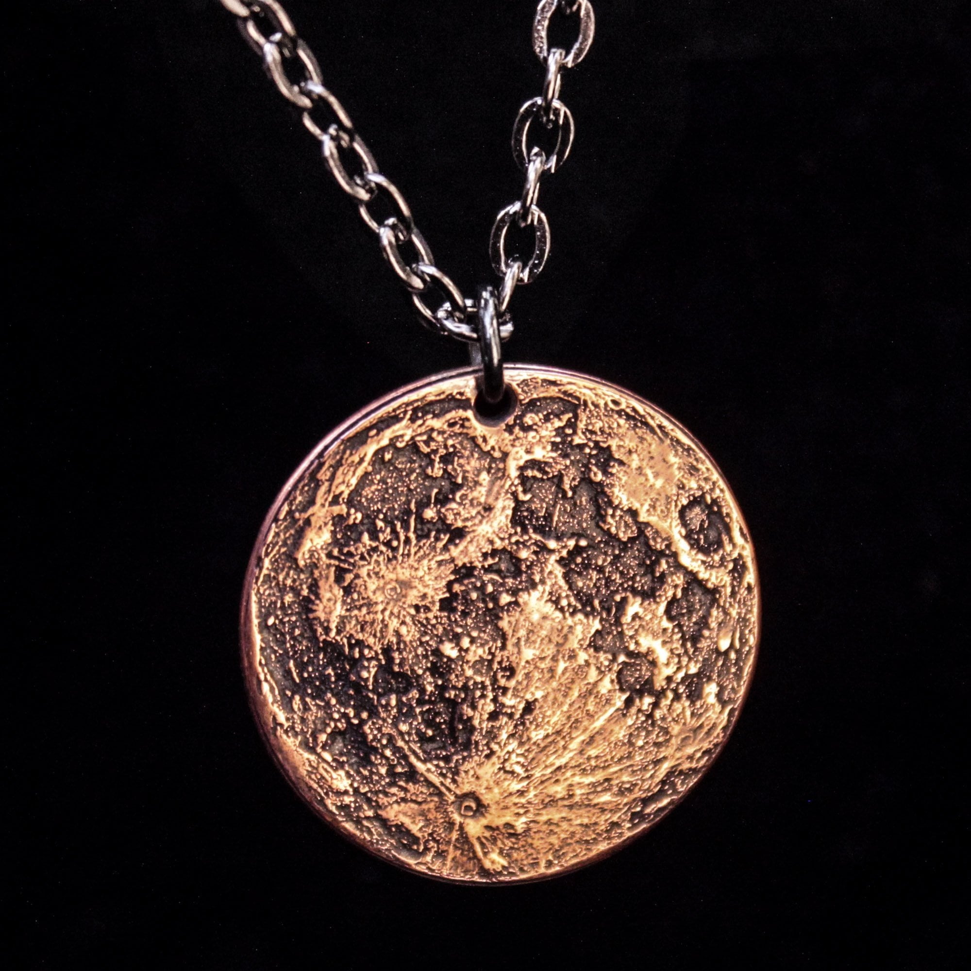 Upside Down Silver Crescent Pendant on Bronze Ball Chain