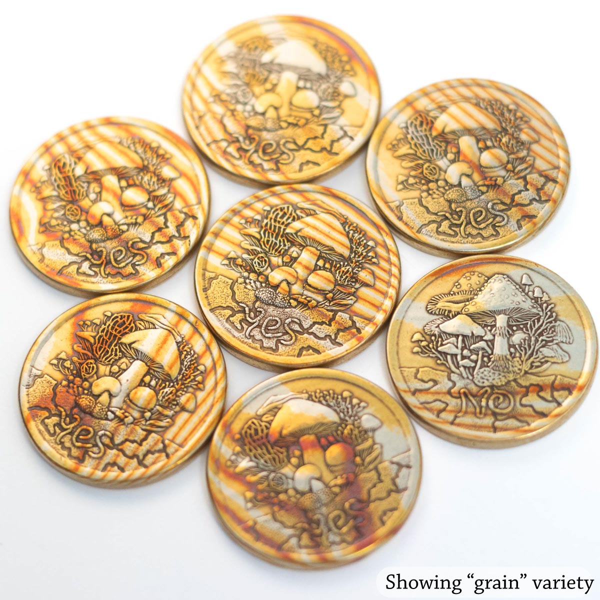 mokume gane mushroom coins by Shire Post Mint