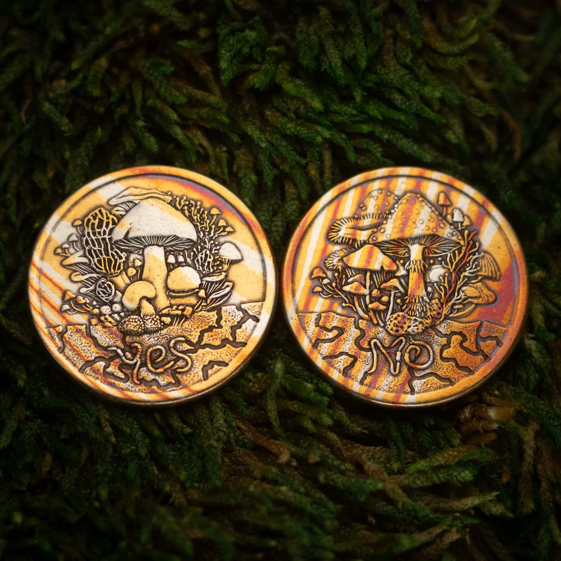 mokume-gane layered metal mushroom fungus cottagecore decision maker coin