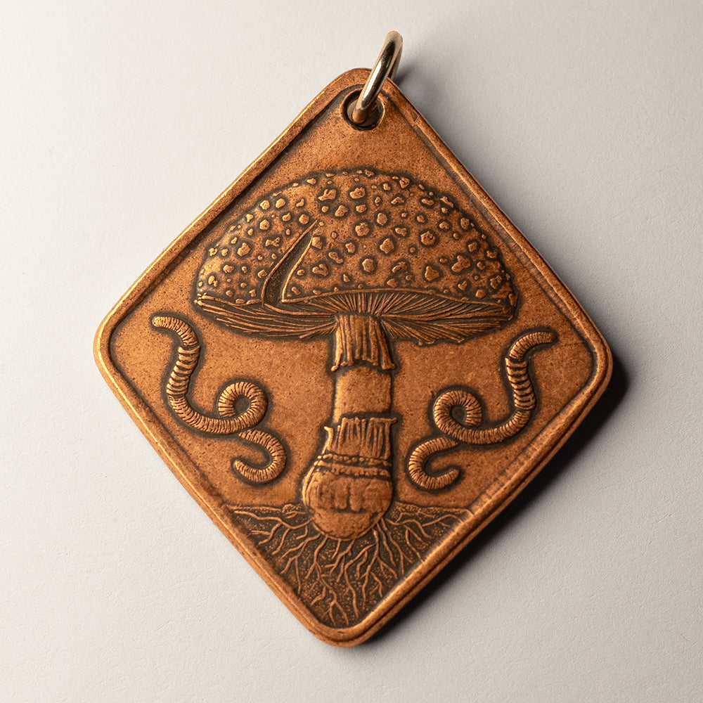 Morel and Amanita Mushrooms of Earth Charm or Necklace in Solid Copper