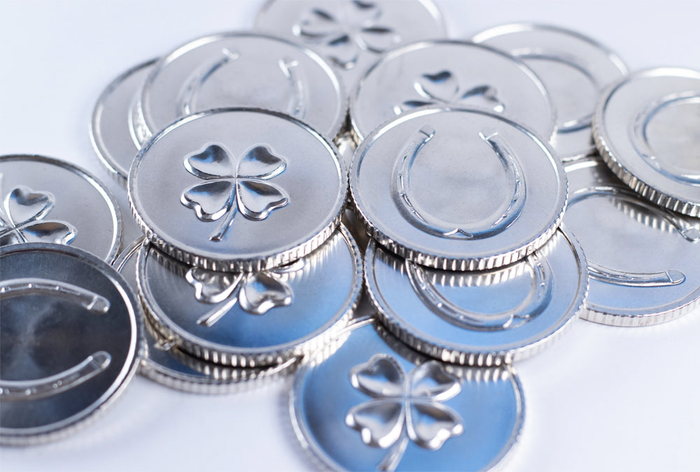 Lucky Silver Coin with Four Leaf Clover and Horseshoe