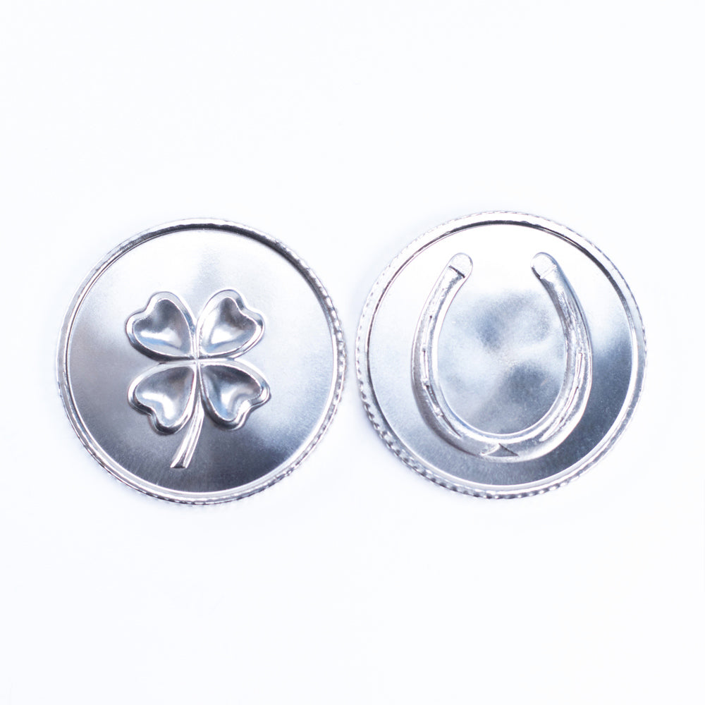 Lucky Silver Coin with Four Leaf Clover and Horseshoe